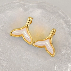 Elegant 18K gold plated stainless steel fishtail stud earrings with iridescent shell inlay
