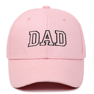 Close-up of pink cotton baseball cap featuring high-quality white DAD embroidery and stitching