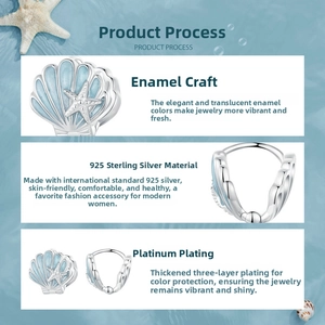Detailed macro view of S925 sterling silver starfish shell earrings with blue enamel finish