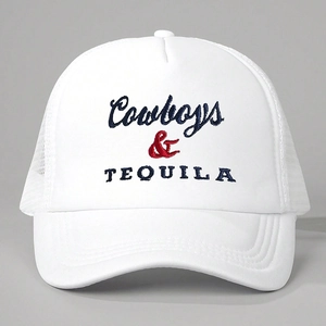 White breathable mesh trucker hat featuring Cowboys & TEQUILA embroidery in retro style