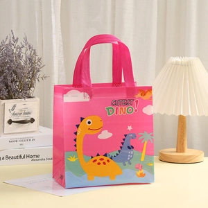 Pink waterproof non-woven tote bag with cute cartoon dinosaur and reinforced handles