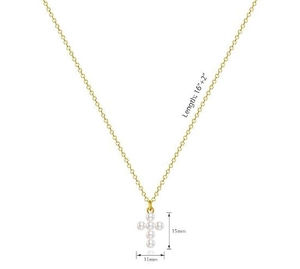 Detailed view of pearl cross pendant with 16+2 inch chain length and 15x11mm dimensions