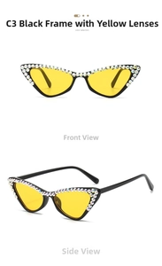 Cat eye sunglasses detail with rhinestones and yellow lenses shown in multiple angles