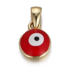Close-up of gold-plated red heart devil eye pendant charm with enamel details