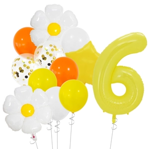Daisy theme 6th birthday balloon set with yellow number 6 and white flower foil balloons