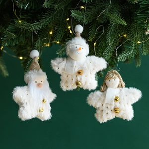 Three plush Christmas ornaments featuring Santa, snowman, and angel on a festive tree