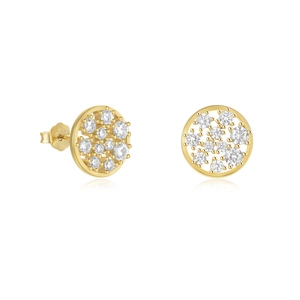 Macro view of gold S925 sterling silver round stud earrings with white zircon stones