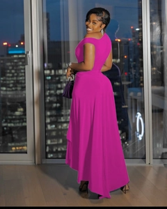 Detailed side view of high-low fuchsia off-shoulder evening dress with a slim fit waist