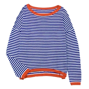 Striped blue and white knit sweater with orange crew neck and asymmetrical hem