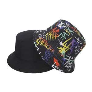 Close-up of black fisherman hat featuring colorful street graffiti print and lettering