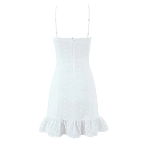 White floral embroidered spaghetti strap dress with back zipper and ruffled hem
