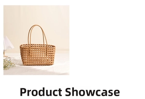 Detailed view of hollow brown plastic woven shoulder bag with slender handles