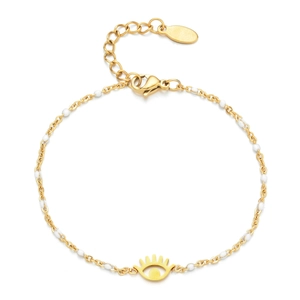 Detail of gold evil eye bracelet with white enamel beads and adjustable lobster clasp