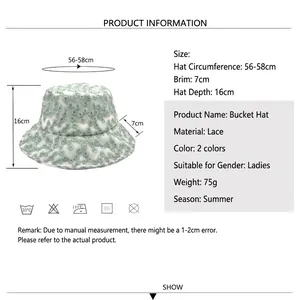 Women's light green lace daisy embroidery bucket hat with adjustable 56-58cm brim size