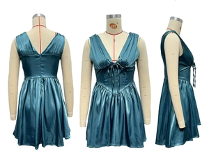 Detailed views of the teal satin mini dress with corset waist and plunging V-neckline