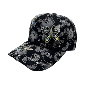 Black baseball cap with floral embroidery, AB rhinestones, and butterfly pattern design