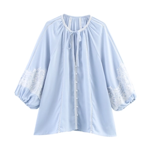 Women Light Blue Chiffon Blouse French Romantic Lace Patchwork Lantern Sleeve Tie Neck Top With Artificial Pearl Buttons