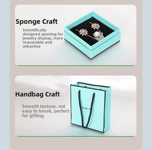 Detail of square jewelry gift box with matching tote bag featuring black woven handles