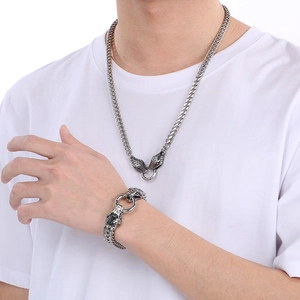 Men's silver punk double snake head stainless steel necklace and bracelet jewelry set