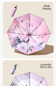 Vue macro détaillée de parapluies pliables avec motifs de pivoine rose et lavande étoilée