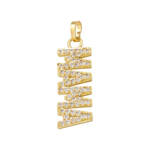 Macro detail of a gold MAMA pendant with micro-pave cubic zirconia on letters