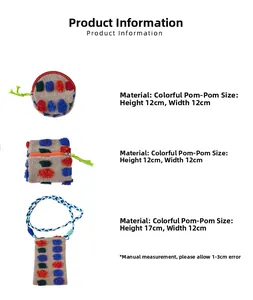 Detail view of plush storage bags with colorful pom-pom decor and dimension specs