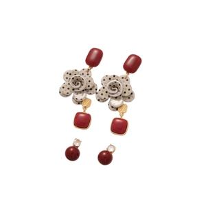 Retro silver needle stud earring set with red camellia pearls and geometric zircon drops