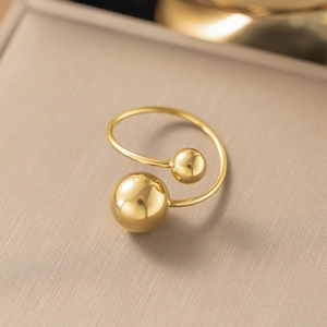 Polished 18K gold plated titanium steel open ring with unique double ball design detail