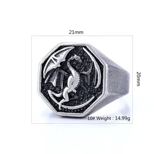 Vintage stainless steel viking dragon ring with an octagonal face and brushed silver finish