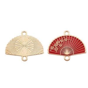 Dual-hole zinc alloy fan charm with red enamel plum blossom pattern for DIY jewelry making