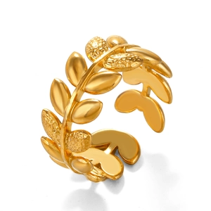 Bague feuille en acier inoxydable doré 18K avec texture et design ouvert ajustable