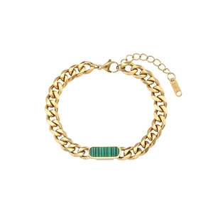 Detailed macro view of 18K gold plated Cuban chain bracelet with green malachite stone