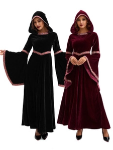 Detail of medieval velvet hooded dresses with bell sleeves in black and wine red colors