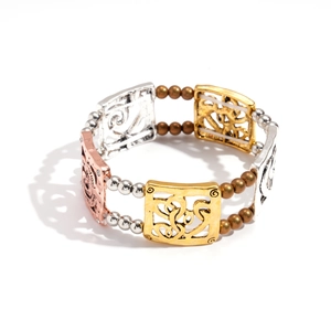 Metallic hollow square heart stretch bracelet in gold, silver and rose gold tones