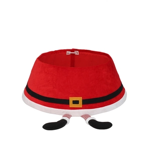 Christmas tree skirt with elf legs design and gold buckle in soft red velvet fabric