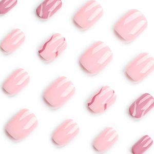 Pink press-on nails in short square shape with glossy solid and marble texture designs