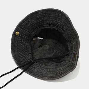 Washed cotton cowboy hiking hat in black with adjustable drawstrings and metal side snaps