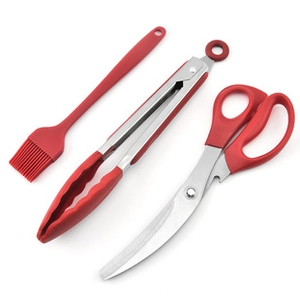 Three-piece red kitchen set with silicone brush, locking food tongs, and utility scissors