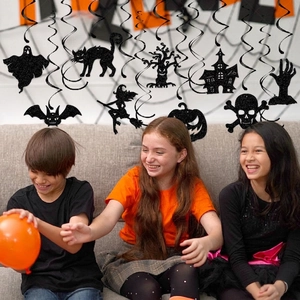 Halloween black glitter hanging swirls with ghost and pumpkin decorations for party venue