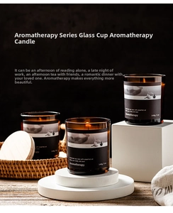 Three 5oz brown glass soy wax scented candles with a wooden lid on white geometric stands