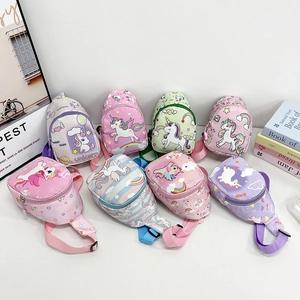 Cute large capacity kids unicorn crossbody bags in various colors on a white desk