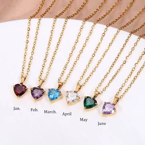 Set di collane con cuore in acciaio inossidabile e pietre natali in sei colori vivaci
