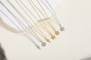 Star and key pendants necklace with clear zircon stones in gold and silver finish