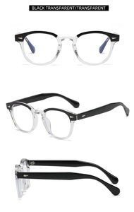 Vues multiples de montures de lunettes rondes vintage noires et transparentes sur blanc