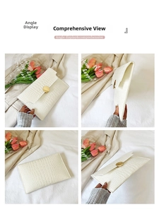 Detail shots of white crocodile embossed envelope clutch bag with gold round metal lock