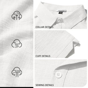 Men's white cotton linen short sleeve shirt with breathable fabric and detail views