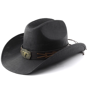Black straw western cowboy hat with brown leather band and vintage bull skull metal buckle