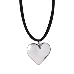 Polished silver heart pendant necklace with black cord strap for women in French style