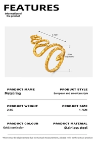 Macro detail of gold snake ring with hammered texture, white zircon eyes, and dimensions