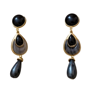 Vintage gold and black floral teardrop earrings set with grey gemstone accents